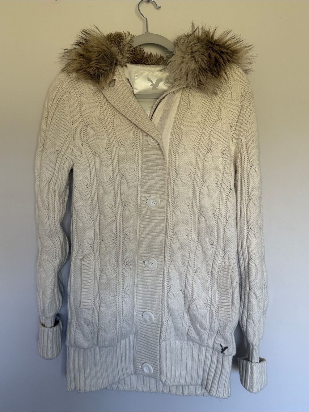 RARE Vintage Y2K American Eagle Faux Fur Hooded Cable Knit Sweater Jacket - Med